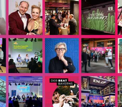 Eine Fotocollage mit Bildern von Veranstaltungen in der bayerischen Medienbranche 2025.