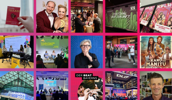 Eine Fotocollage mit Bildern von Veranstaltungen in der bayerischen Medienbranche 2025.