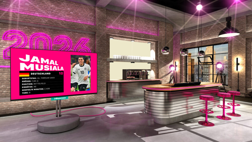 Das Studio im Hauptsendezentrum in Ismaning. Hier findet die Berichterstattung der Fußball-WM von MagentaTV statt.